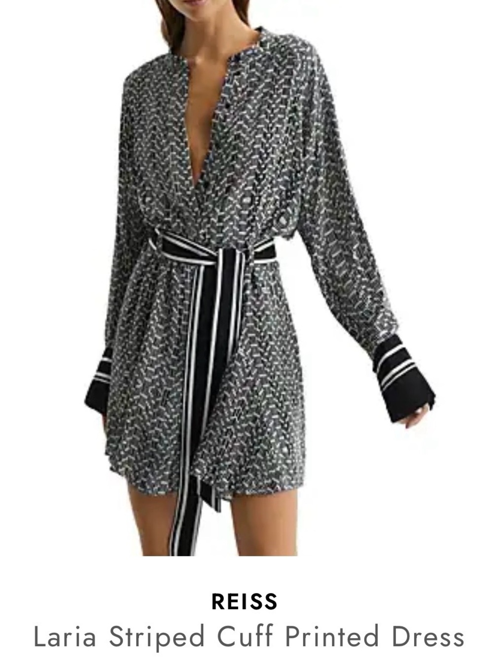 Reiss Laria Flippy Mini Dress -Black & White Printed Long-Sleeve Tie-Waist Dress - Picture 6 of 11
